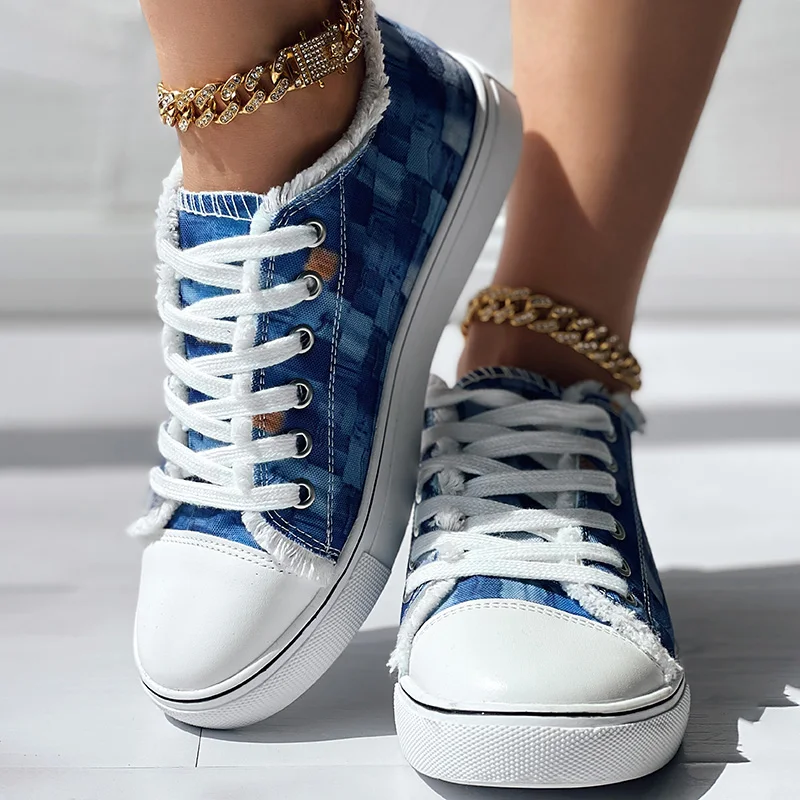 

Women Fashion Casual Shoes Daily Wear Round Toe Denim Look Print Raw Hem Eyelet Lace-up Sneakers