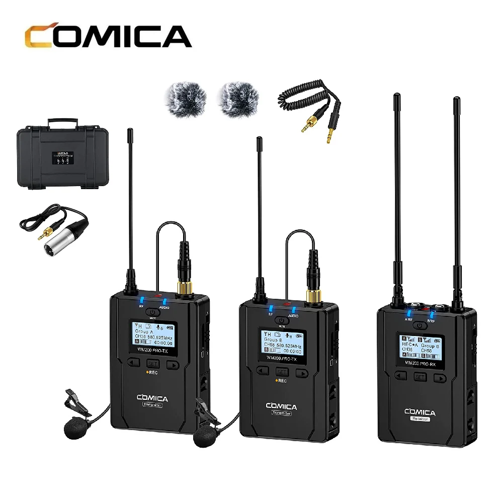 Comica CVM-WM200 PRO металлический UHF беспроводной микрофон с хранилищем в реальном времени, двухканальный беспроводной микрофон для записи YouTube
