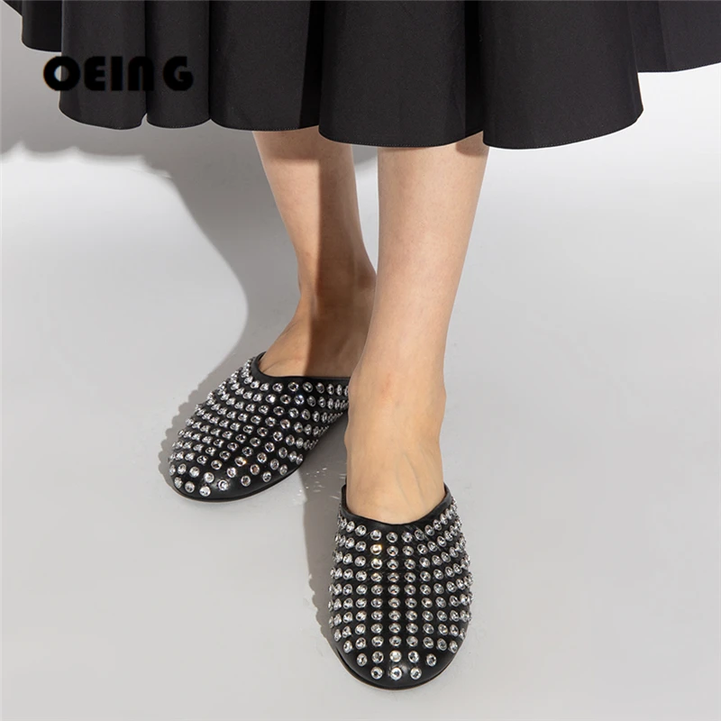 

Women Crystal-embellished Flats Slippers Casual Round Toe Leather Mules Comfort Outdoor Footwear Elegant Wedding Party Shoes