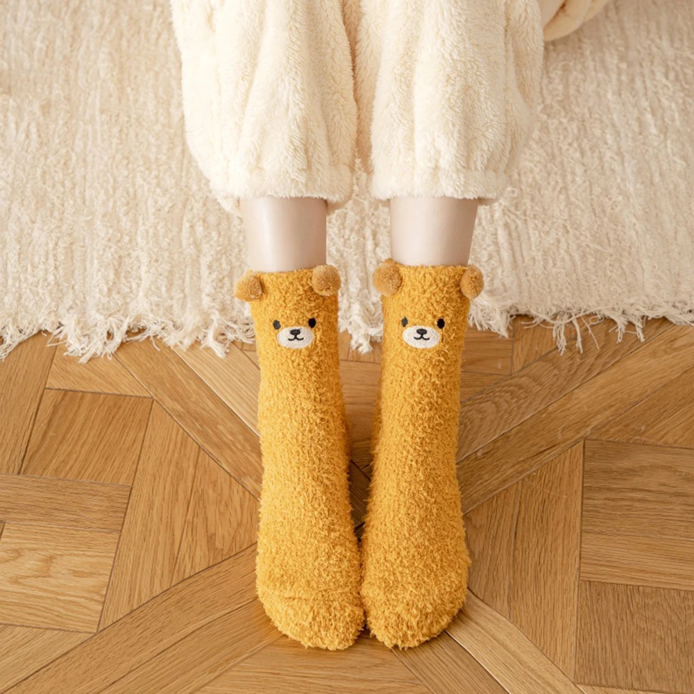 

1 Pairs Winter Warm Embroidered Bear Women Velvet Socks Cartoon Bear Fluffy Sleep Socks Animal Thick Coral Fleece Fuzzy Socks