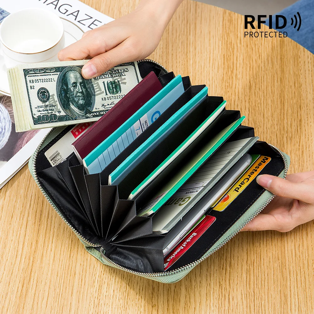 

Genuine Leather Long Wallet Card Holder Organ Passport Passbook Slot Bag Solid Color Account Book Rfid Wallet Cash Coin Purse