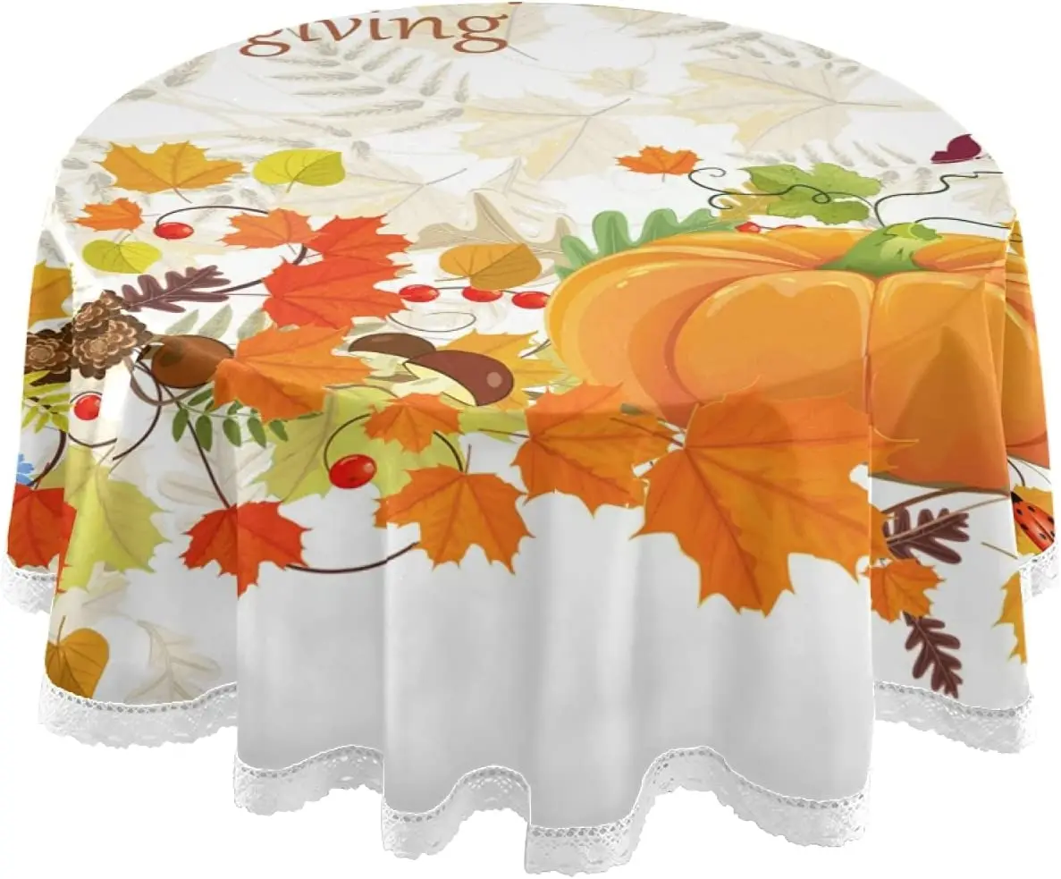 

Autumn Maples Thanksgiving Pumpkin Tablecloth Fall Leaves Berry Round Table Cloths Polyester Lace Table Cover Tabletop Decor