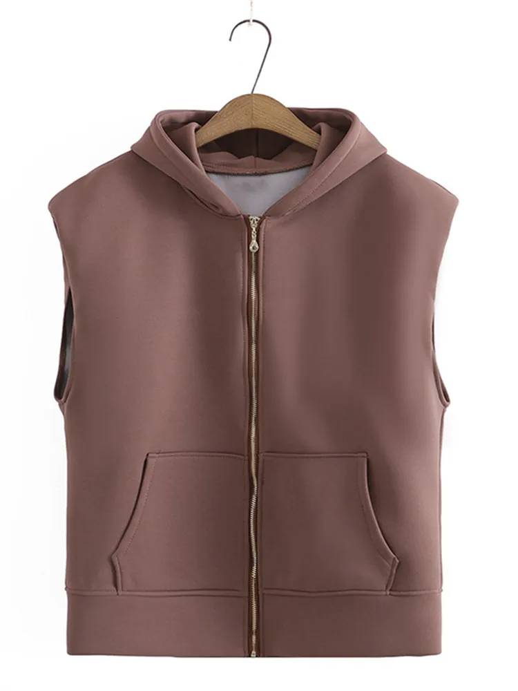 

Plus Size Women's Clothing Hoodie Spring And Autumn Hooded Vest Solid Color Zippered Sleeveless Jacket With Kangaroo Pocket 4XL