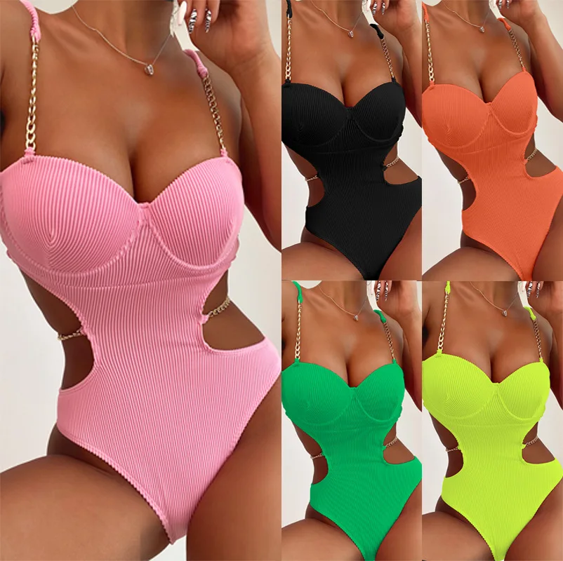 

2024 Chain Linked One Piece Swimsuit Women Push Up Swimwear Female Cut Out Monokini Bathers Bathing Swimming Swim Suit Beachwear