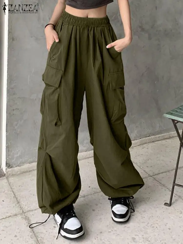 

Брюки-карго ZANZEA женские с завышенной талией, уличная одежда, модные брюки с широкими штанинами, прямые штаны с карманами, осень 2023