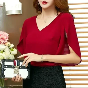 Blusa Casual Feminina Coreana, Elegante, Confortável e Versátil 10 Women Chiffon Short Sleeve Shirt Sexy V-neck Loose Ruffled Chiffon Blouse.