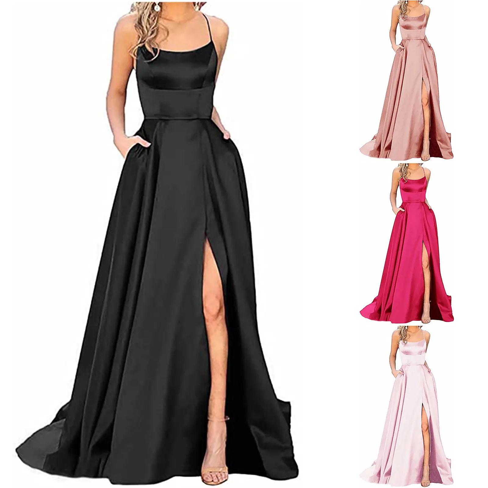 

Elegant Simple Bridesmaid Long Dress For Women New Sexy Side Slit Backless Gown Maxi Satin Spaghetti Strap Wedding Party Dress