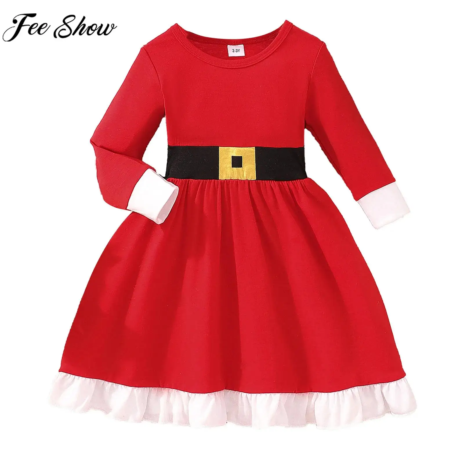 

Children Girls Christmas Party Dress Xmas Eve New Year Carnival Santa Claus Cosplay Costume Long Sleeve Ruffle A-line Dresses