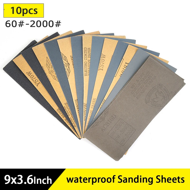 

10pcs 9"x3.6" Wet Dry Sandpaper 60 to 2000 Assorted Grits for Wood Furniture Finishing, Metal Sanding and Automotive Polishing