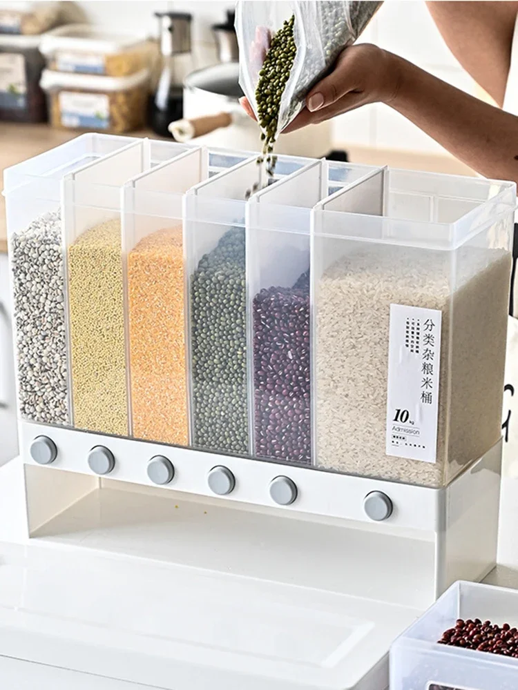 

3/6 Grids Wall Mounted Food Box Sealed Rice Storage Boxes Transparent Dispenser Grain Organizer with Lids Kitchen Storage Jars