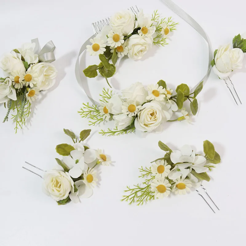 

White Artifical Flowers Headdress Bride Wedding Accessories Boutonniere Wrist Corsage Garlend Hair Accessories