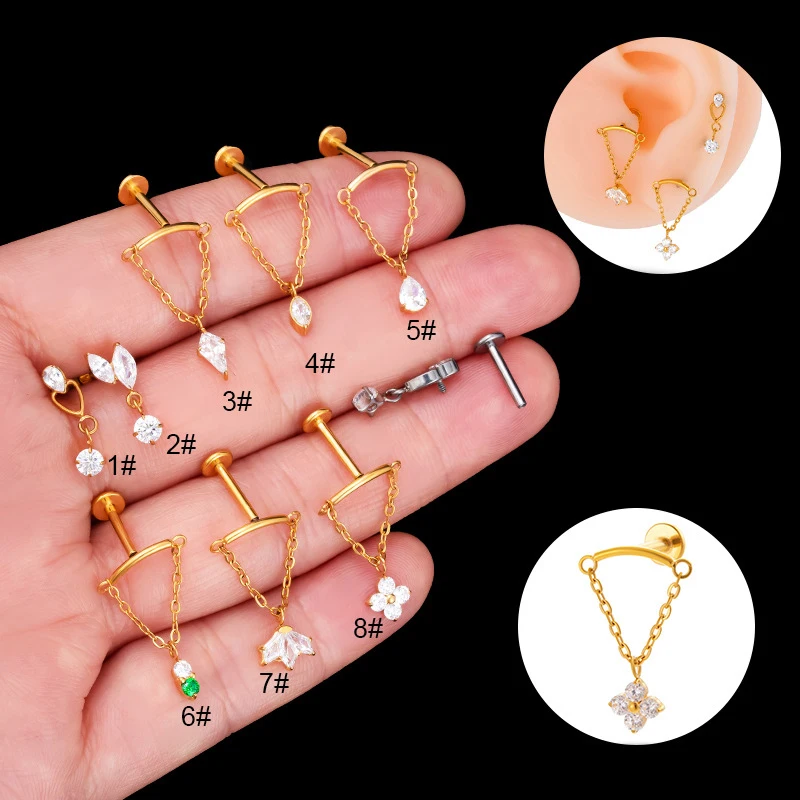 

1PC G23 Titanium Piercing Pendant Chain Dangle Ear Studs Internal Thread Labret Lip Stud CZ Helix Conch Cartilage Tragus Jewelry