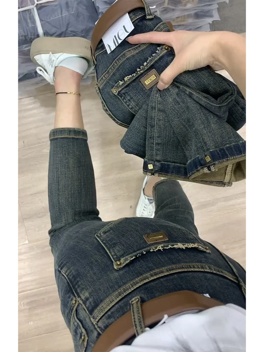 

Джинсы Y2k, новинка 2023, женские джинсы с прямыми штанинами, обтягивающие Стрейчевые брюки с завышенной талией, девять минут, женские брюки