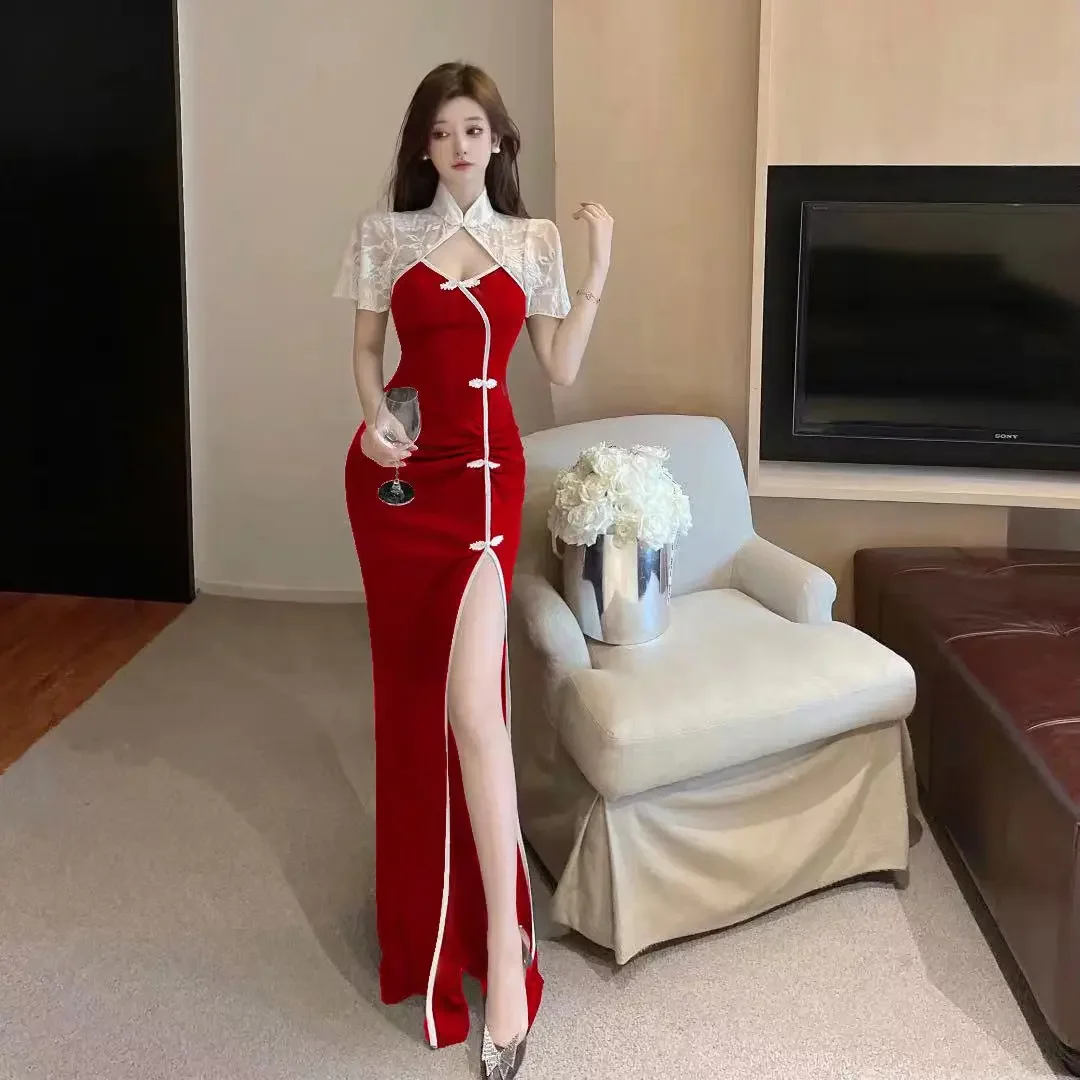 Chinese Style Retro Lace Cheongsam Women Elegant Slim Qipao Nightclub Sexy Wedding Evening Dress Long Dresses Vintage Vestidos
Chinese Style Retro Lace Cheongsam Women Elegant Slim Qipao Nightclub Sexy Wedding Evening Dress Long Dresses Vintage Vestidos