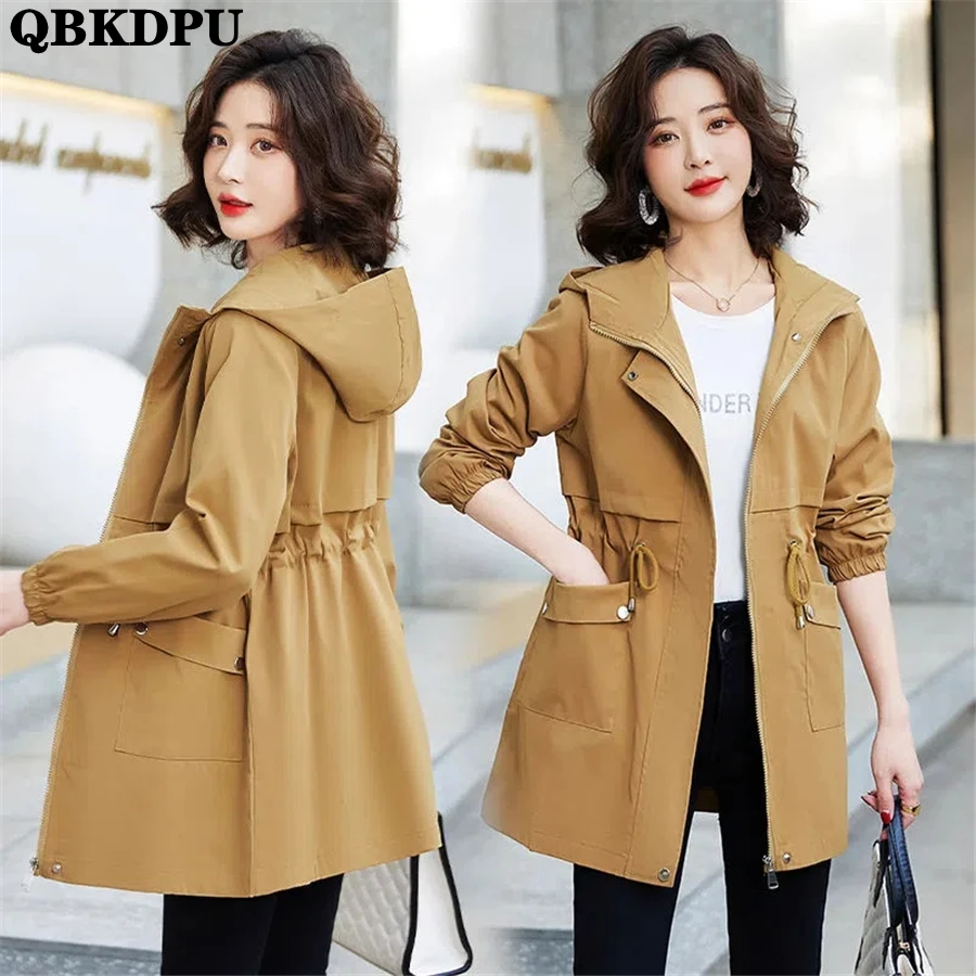 

Spring Kahki Hooded Mid-lengtht Trench Coat For Women Casual Windbreaker Jacket Korean Outwear Loose Gabardina Classic Overcoat