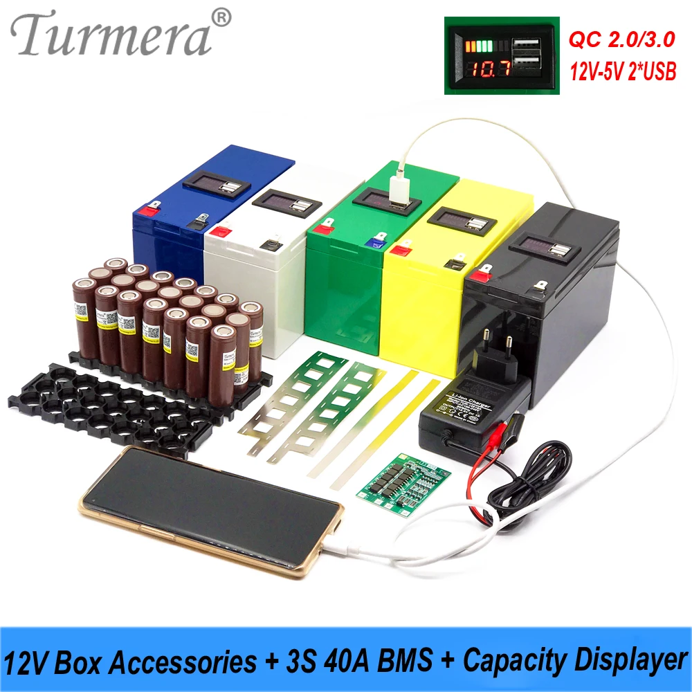 

Turmera 12V Battery Box 3X7 18650 Holder 3S 40A BMS Nickel QC3.0/2.0 2XUSB Indicator 1A Charger for Replace Lead-Acid or UPS Use