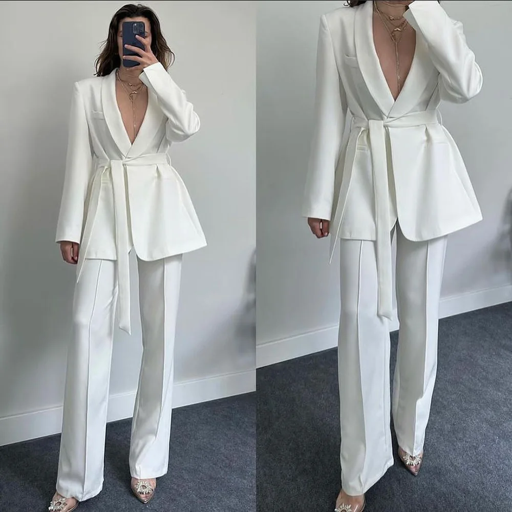 

Luxury High End Solid Color Shawl Lapel Belt Women's Suits Slim Fit Skinny 2 Piece Jacket Pants Outfits Blazer Office Lady Terno