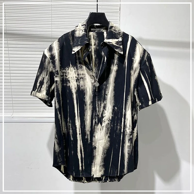 

2024 New Summer Chic Punk Style Loose Casual Plus Oversize Ruffled Collar Tie Dye Print Versatile Short Sleeved Shirt for Men