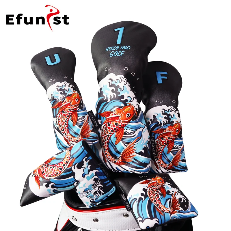 Golf Wood Cover Koi Pattern Driver Fairway Hybrid Protector Head Cover PU Leather Soft Durable Golf Club Covers Waterproof Golf Wood Cover Koi Pattern Driver Fairway Hybrid Protector Head Cover PU Leather Soft Durable Golf Club Covers Waterproof