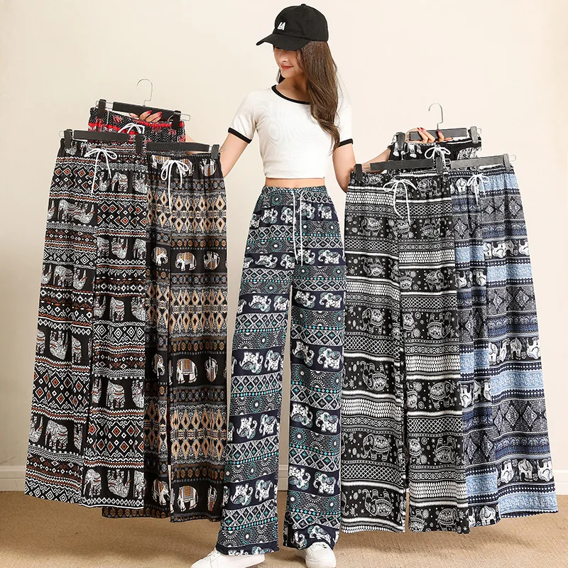 

Boho Wide-legged Pants Women's Summer Thin High-waisted Draped Straight Loose Casual Trailing Pant Fashion Strappy Print Clothes