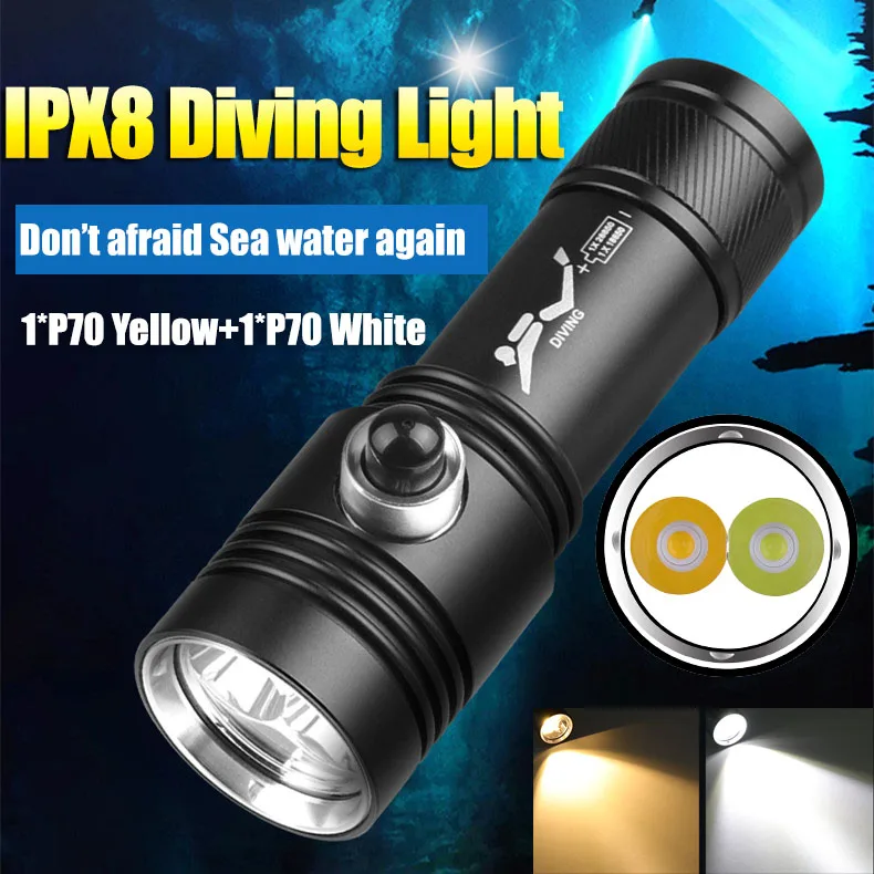 

Super 10000LM XHP70.2 Powerful LED Diving Flashlight IPX8 Waterproof Scuba Dive Led torch Underwater 500M Light Using 26650