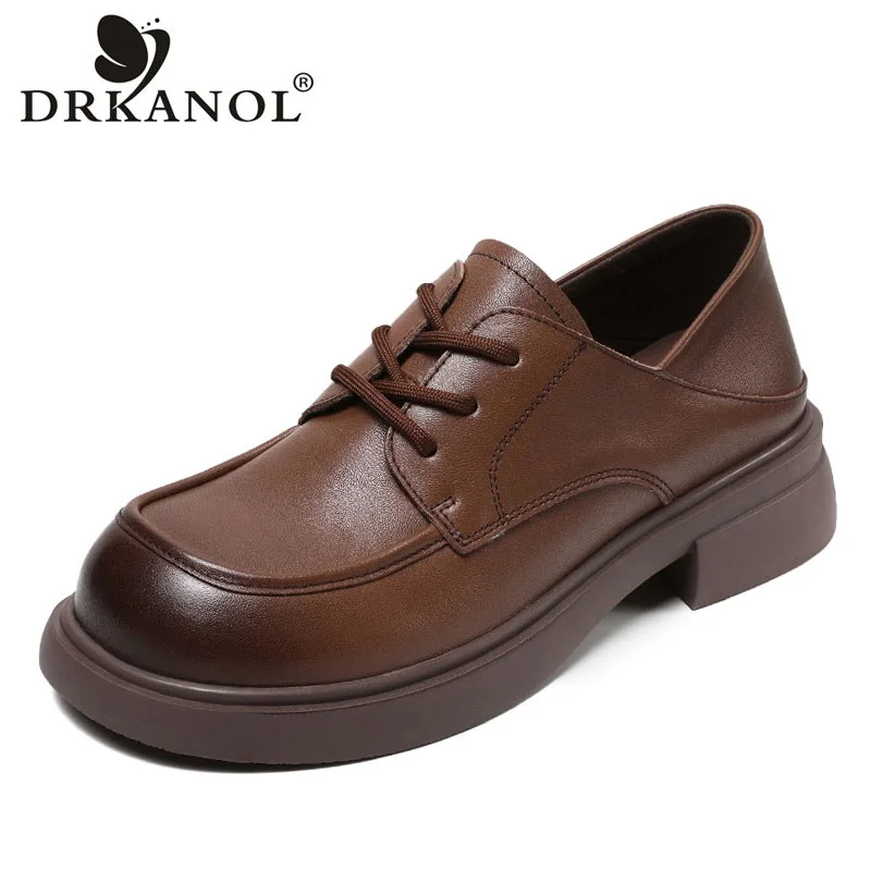 

DRKANOL Spring Shoes Women Genuine Cow Leather Round Toe Thick Heel Casual Shoes British Style Lace-Up Versatile Single Shoes