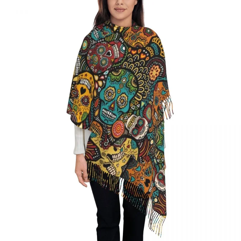 

Customized Printed Day Of The Dead Sugar Skull Scarf Men Women Winter Warm Scarves Halloween Catholic Shawl Wrap