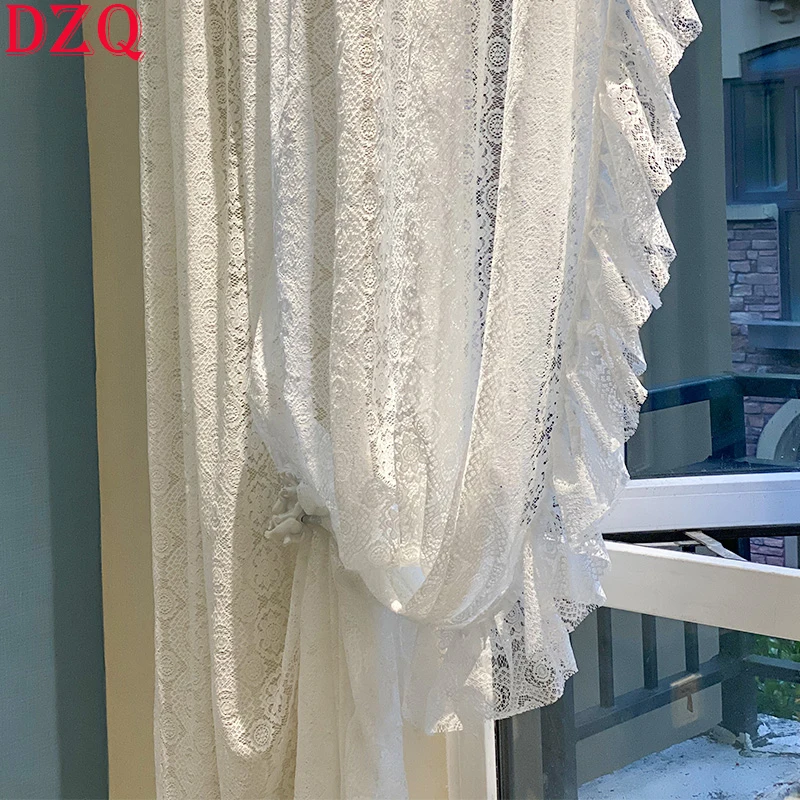 

Idyllic White Flowers Lace Window Tulle Curtain Living Room Warp Ruffled Rural Gauze Door Curtain for Kitchen Bedroom A245