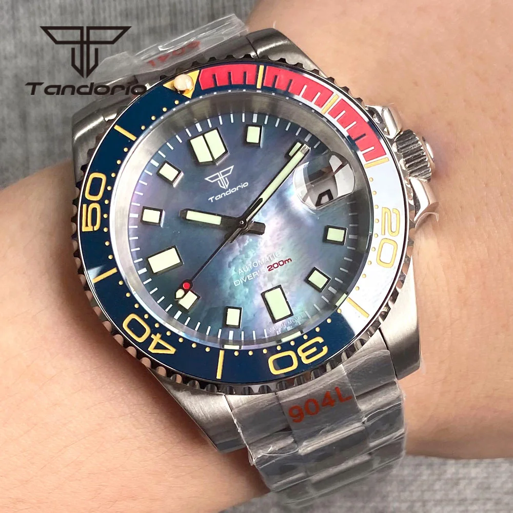 

Tandorio 40mm Stainless Steel Dress 200M Dive Men Automatic Watch NH35A MOP Dial Date Sapphire Glass Rotating Bezel Glide Clasp