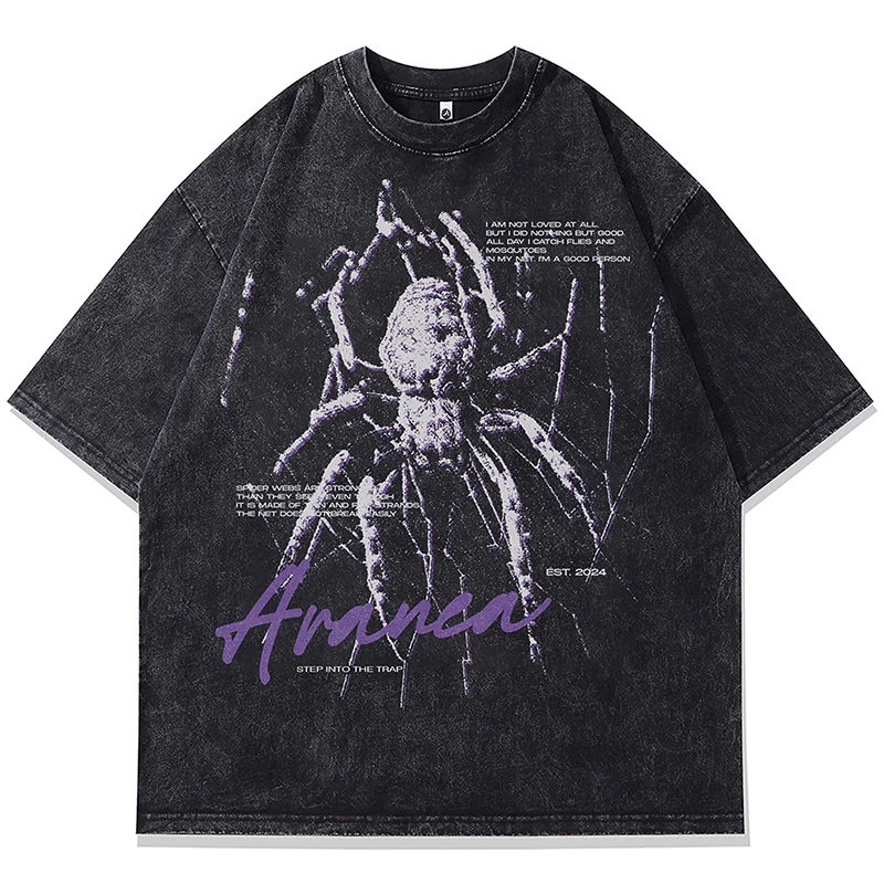 

Summer Mens Washed Tshirts Hip Hop Spider Letter Graphic T-Shirt Streetwear Harajuku Distressed Casual Cotton T Shirts Tops Tees
