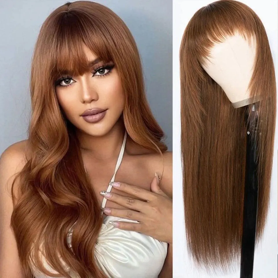 

Reddish Brown Bangs Wigs Human Hair Wig Easy to Go Color Wig #4 Chocolate Brown Straight Human Hair Wigs with Bangs Wear To Go