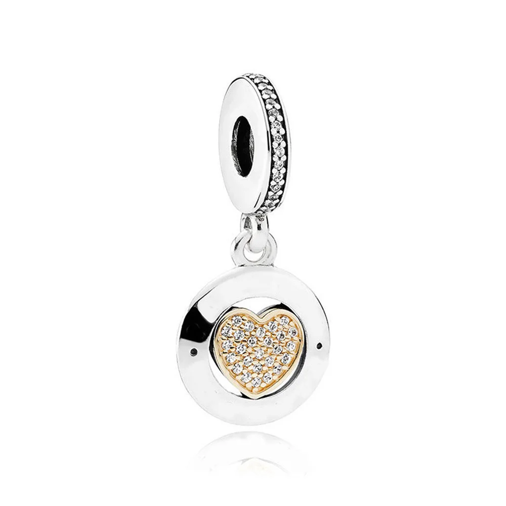 

Authentic 925 Sterling Silver Bead Logo Pave Heart Dangle Charm Fit Pandora Women Bracelet Bangle Gift DIY Jewelry
