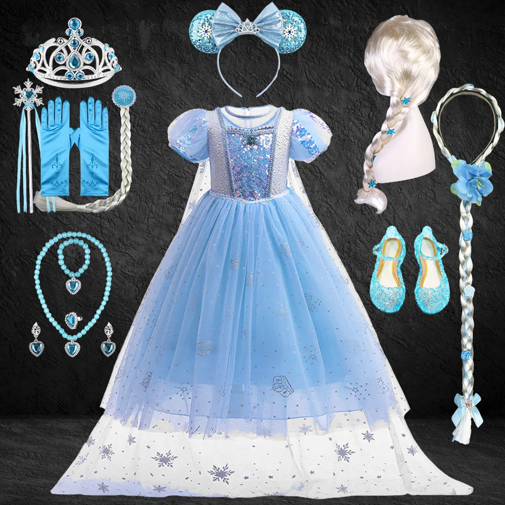 

Snow Queen Children's Halloween Cinderella Princess Costume Birthday Party Elsa Dress for Girls Fancy Fairy Snowflake Long Cape