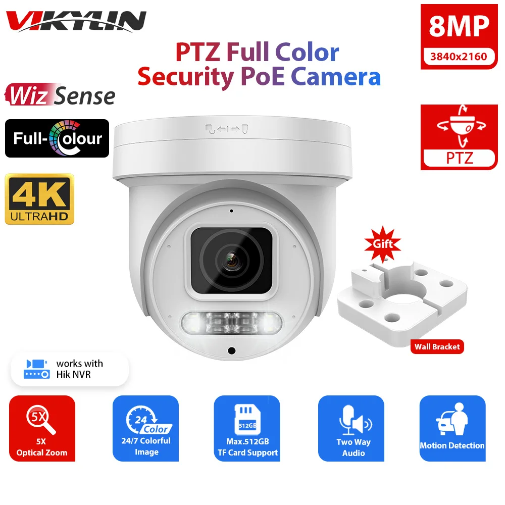 Vikylin 8MP 4K PTZ IP Security Camera 5X Zoom Color Night for Hikvision Compatible POE Audio 512GB SD Human Vehicle Detect Cam
Vikylin 8MP 4K PTZ IP Security Camera 5X Zoom Color Night for Hikvision Compatible POE Audio 512GB SD Human Vehicle Detect Cam