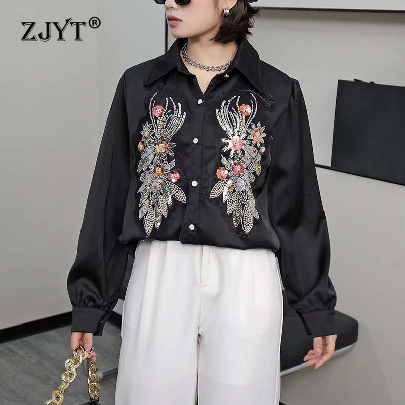 

ZJYT Beading Sequined White Satin Blouse for Womens Elegant Long Sleeve Korean Style Loose Shirt Tops Casual Daily Office Lady