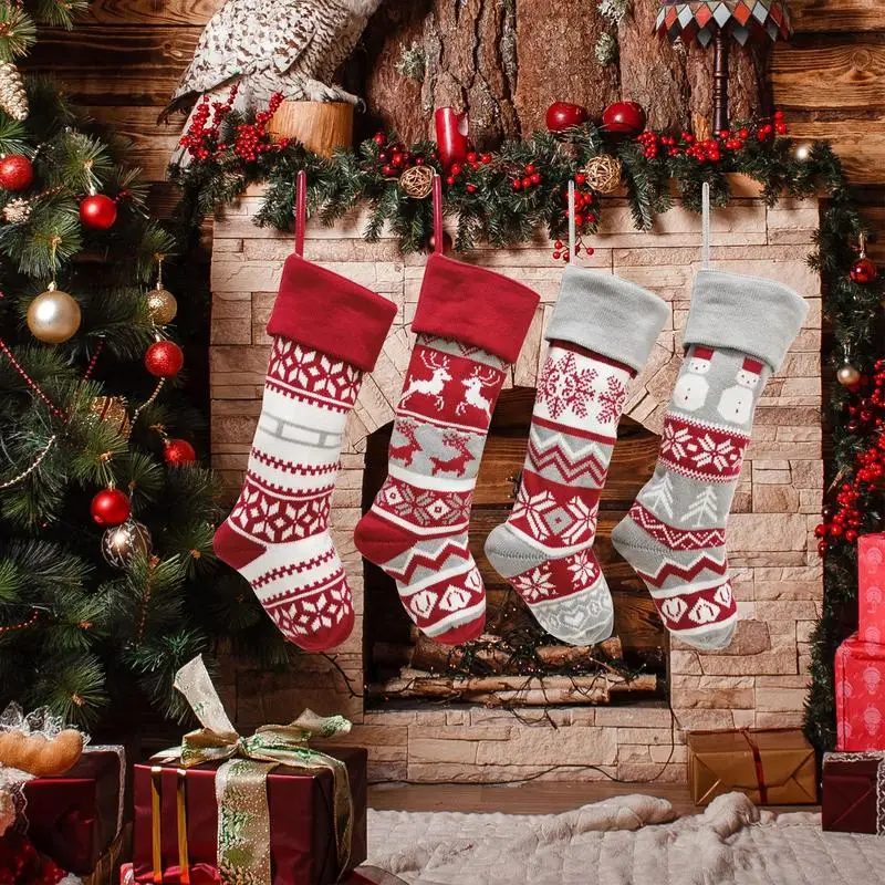 

Hung Fireplace Farmhouse Knitted Elk Snowflake Stockings Christmas decoration wool socks Knitted Christmas Stocking For Holiday