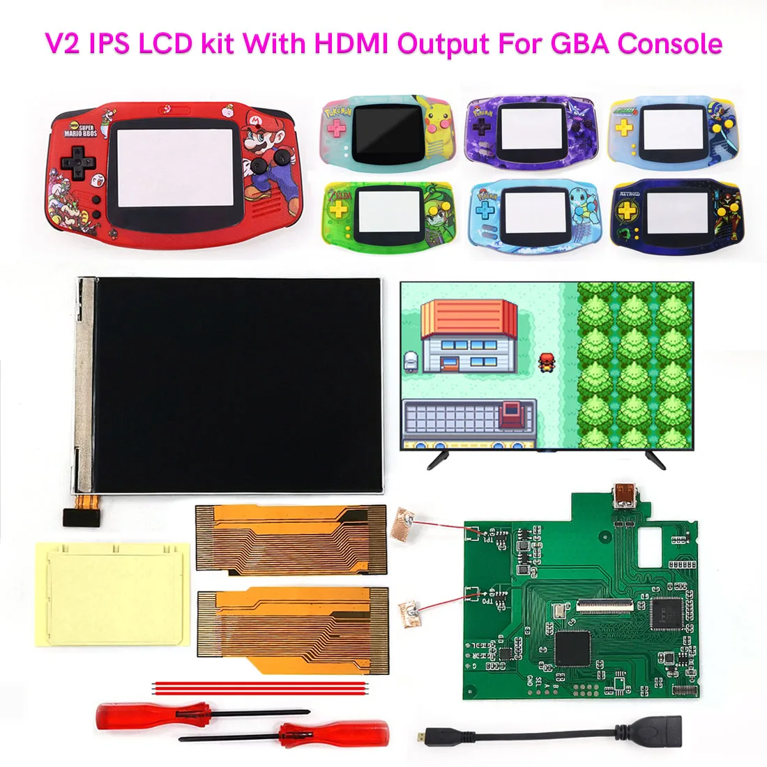 

2023 GBA IPS V2 LCD HDMI-Compatible Output Kits 10 Levels Brightness Retro Pixel Mode with UV Housing Shell for GameBoy Advance