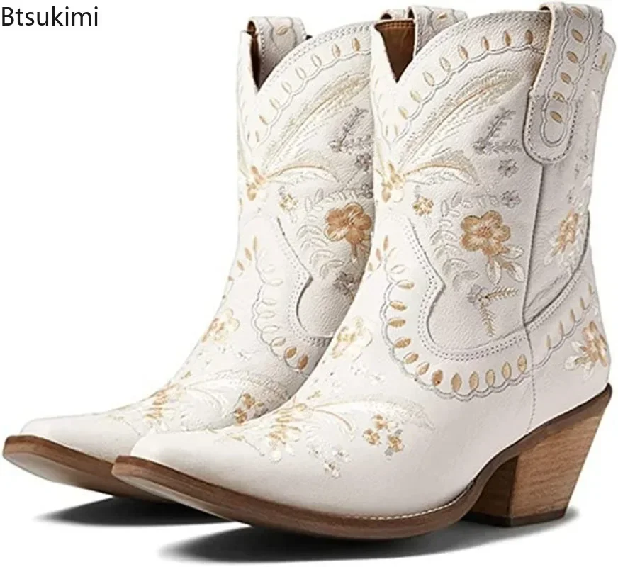 

New 2024 Embroidered Western Boots For Women Ankle Bootie Cowboy Cowgirls Flower Print Fashion Chunke Heel Slip On Ankle Boots