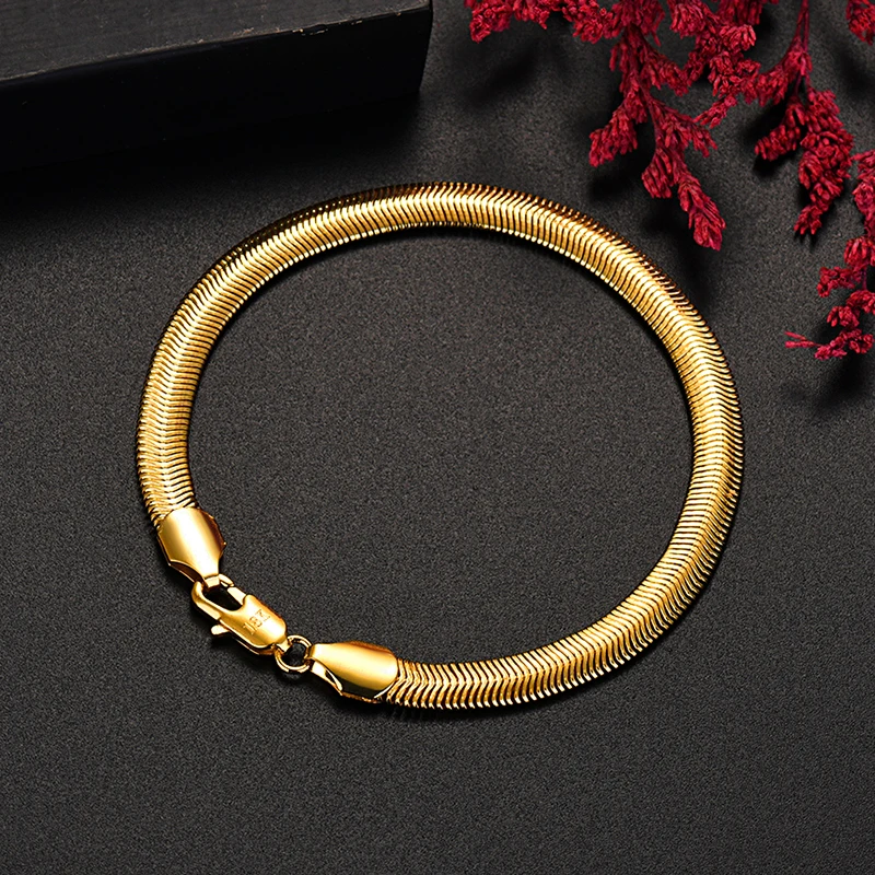 

Hot luxury 925 sterling silver plated 18K gold does not fade 6MM snake bone chain bracelets for Men's Women Fashion Jewelry Gift