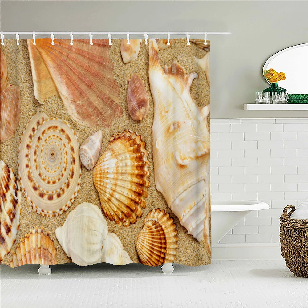 

Summer Ocean Beach Shower Curtains Starfish Conch Shell Sea Scenery Bathroom Decor Polyester Fabric Bath Curtain with Hooks