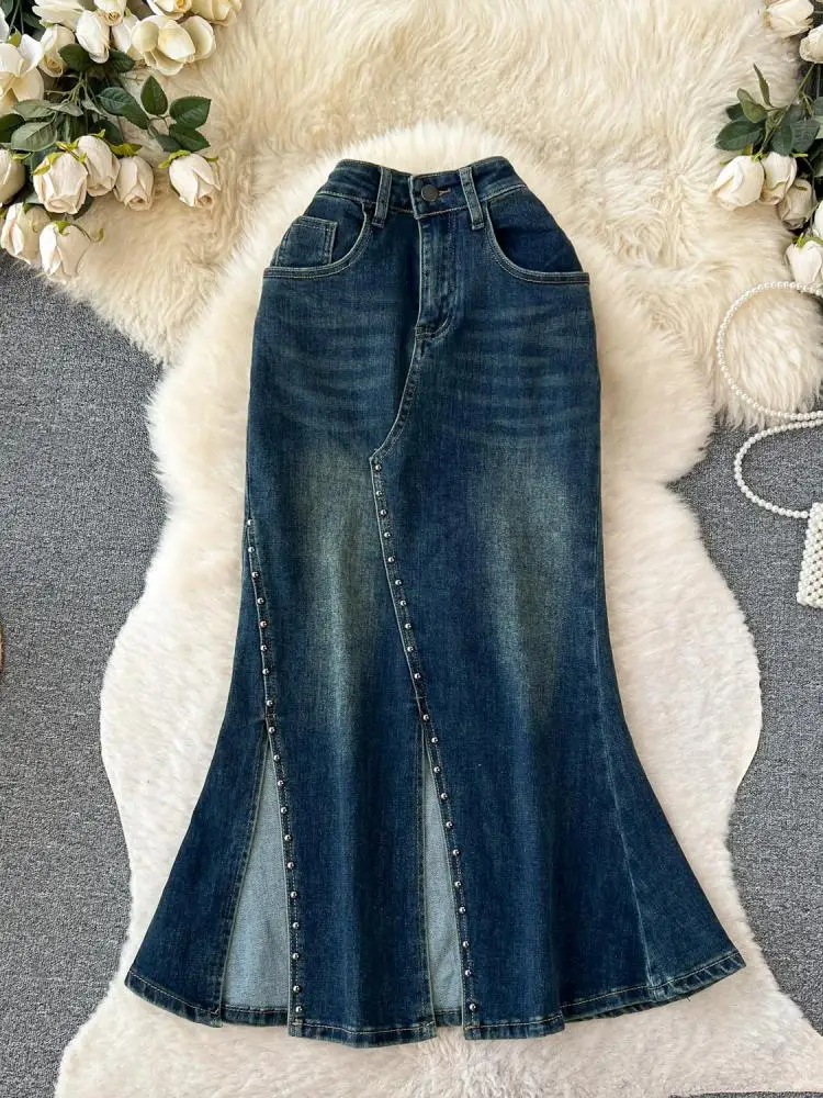 

2024 New Women's Rivet Denim Split Long Skirt High Waist Blue Mermaid Jeans Skirts Female A-line Wrapped Hip Fishtail Skirt Chic