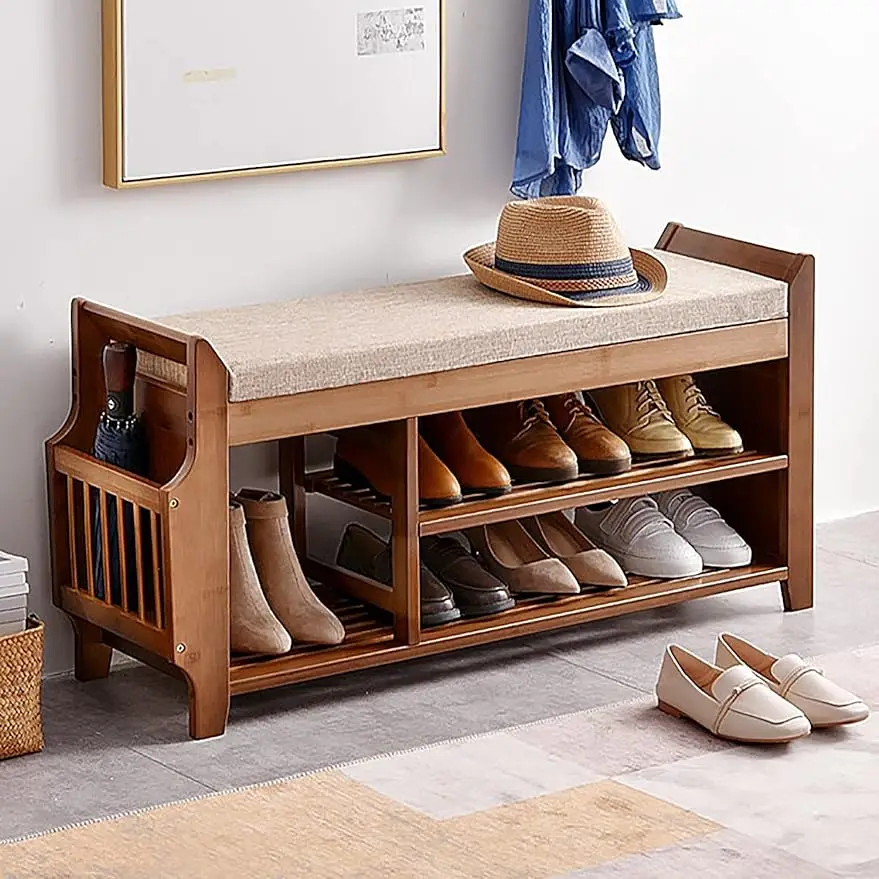 

2 level shoe stool, shoe rack with hidden drawer and side frame, shoe storage stool organizer in entrance hallway living room