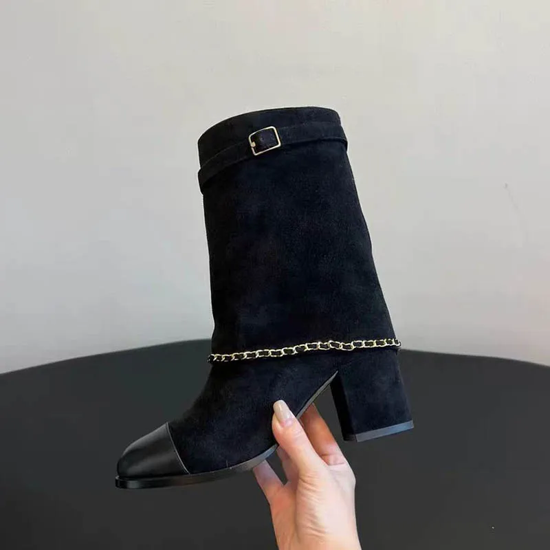 

Black Round Toe Chain Thick Heel Trouser Mid-Calf Boots Woman Winter 2024 Belt Buckle Slip-On Short Boot Fashion Shoes for Women