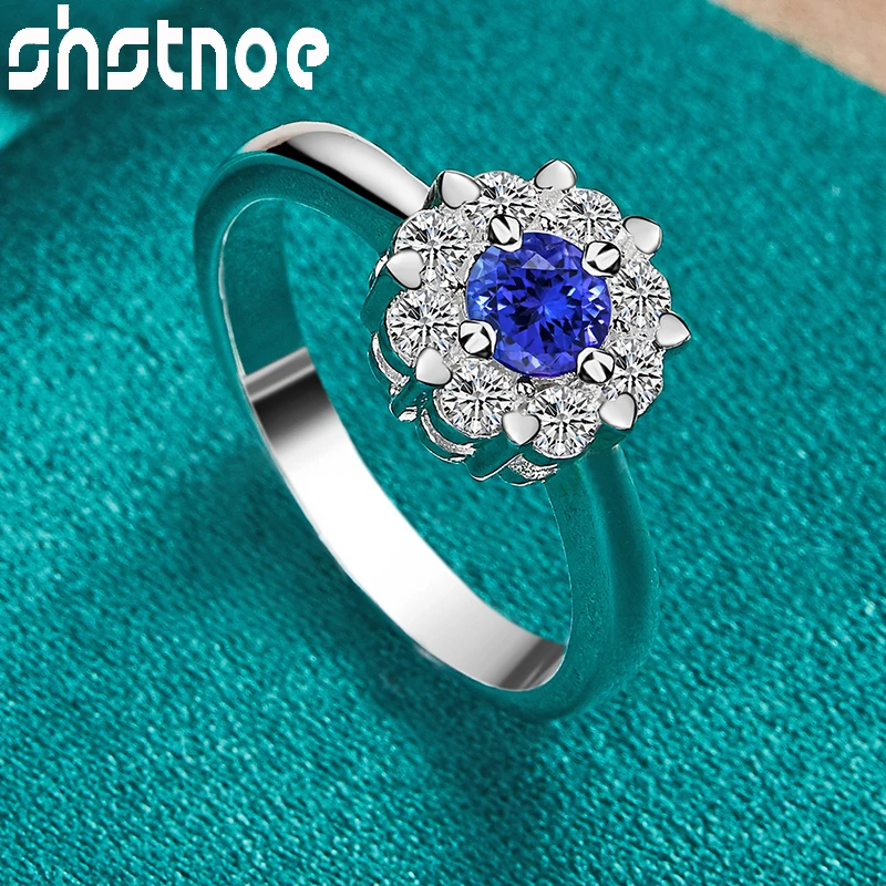 

SHSTONE 925 Sterling Silver Round Blue Zircon Rings For Women Engagement Wedding Birthday Party Fashion Jewelry Cute Lady Gifts