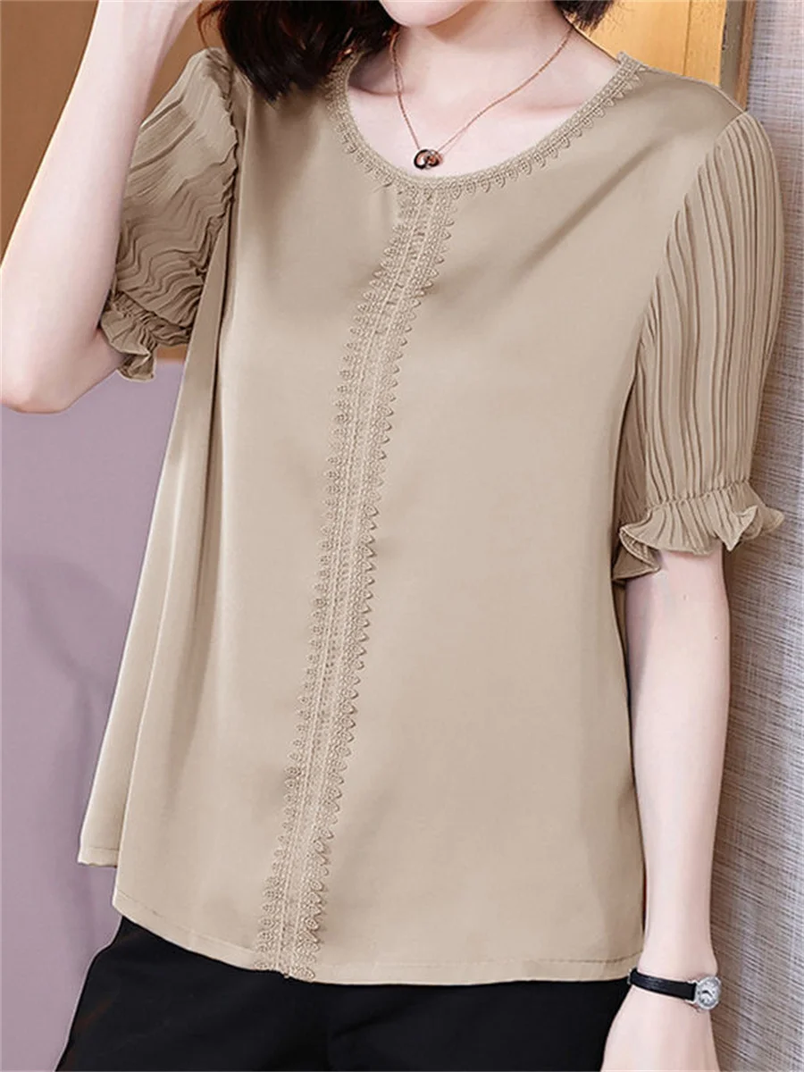 

4XL Women Spring Summer Blouses Shirts Lady Fashion Casual Short Sleeve O-Neck Collar Solid Color Blusas Tops TT2289