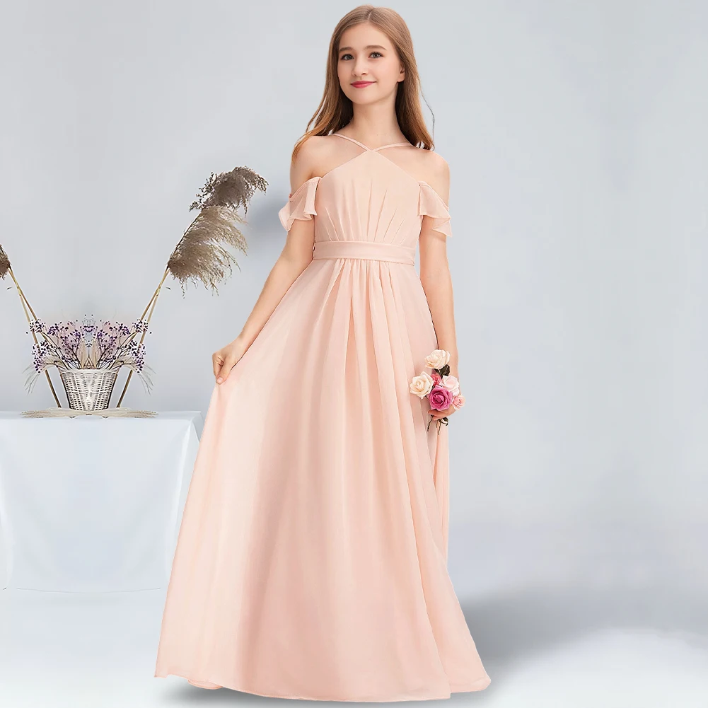 

A-line Halter Floor-Length Chiffon Junior Bridesmaid Dress With Bow Pearl Pink Flower Girl Dress for Wedding Party For Teens