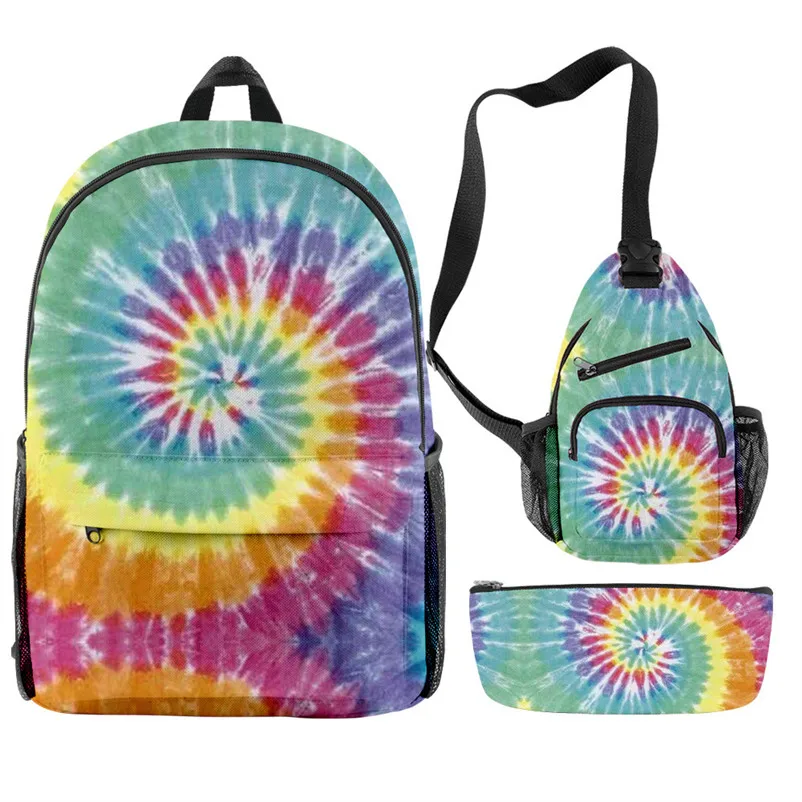 

Popular Youthful Tie Dye Spiral Colorful 3pcs/Set Backpack 3D Print Bookbag Laptop Daypack Backpacks Chest Bags Pencil Case