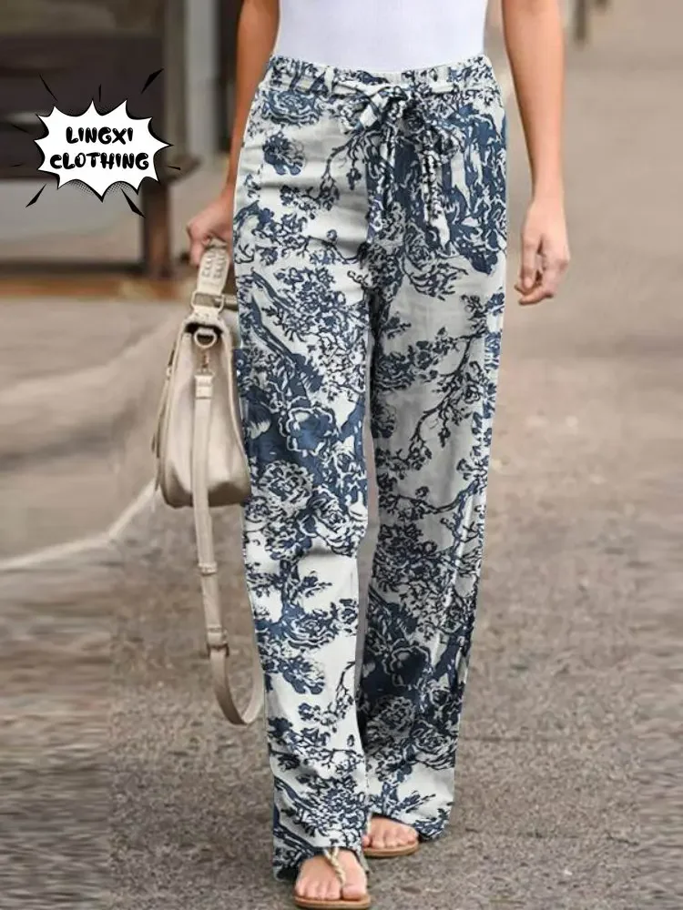 

2023 New Summer Fashion Casual Simple Comfortable Elastic Waist Cotton Hemp Large Size Printed High Waist Wide Leg Pants