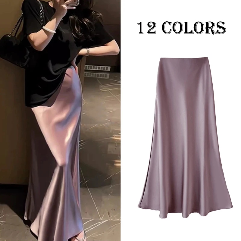 

Casual Loose Fishtail Fashion Silk Skirt Woman Elasitc Waist A Line Dress Elegant Basics Minimalism Office Party Chic Vestidos