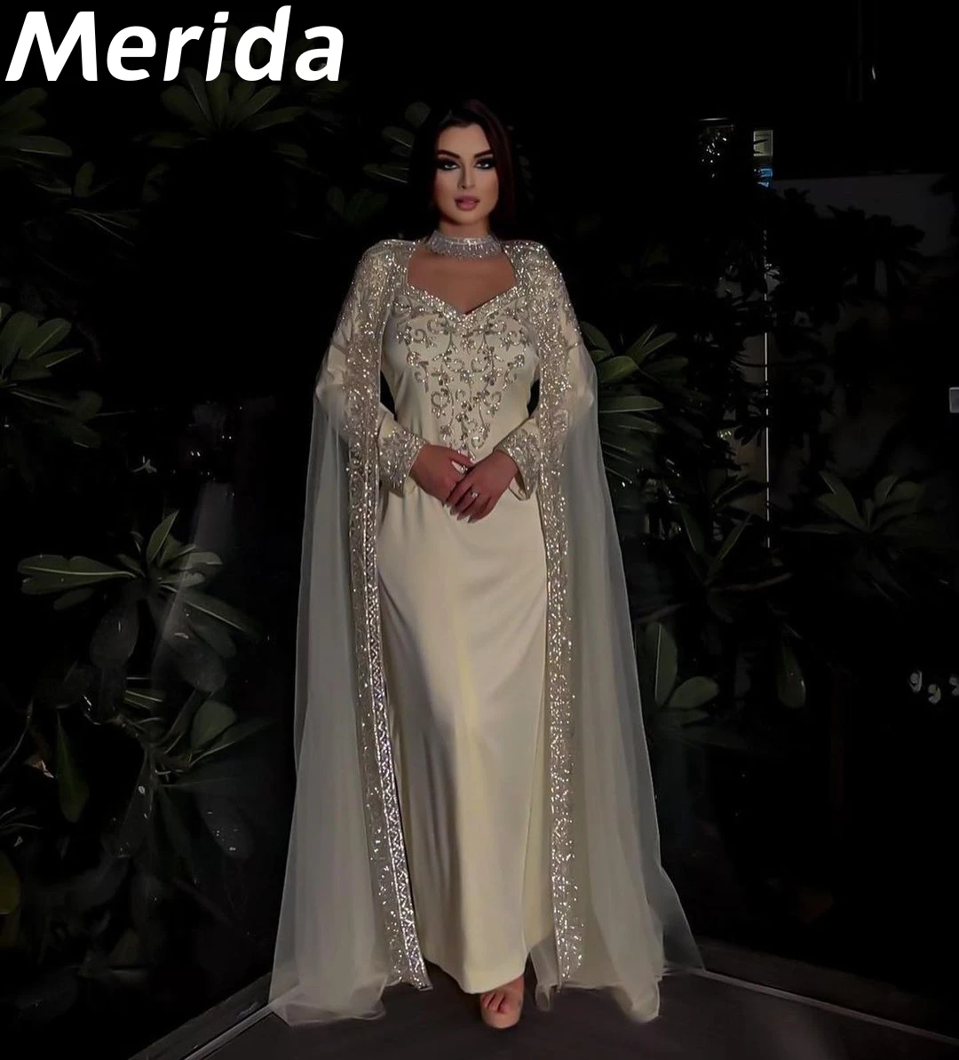 

Sparkly Saudi Arabia Prom Dresses Long Sleeves Beads Ankle-Length Cape Dubai Women Luxury Evening Dresses 2023 New Formal Gown